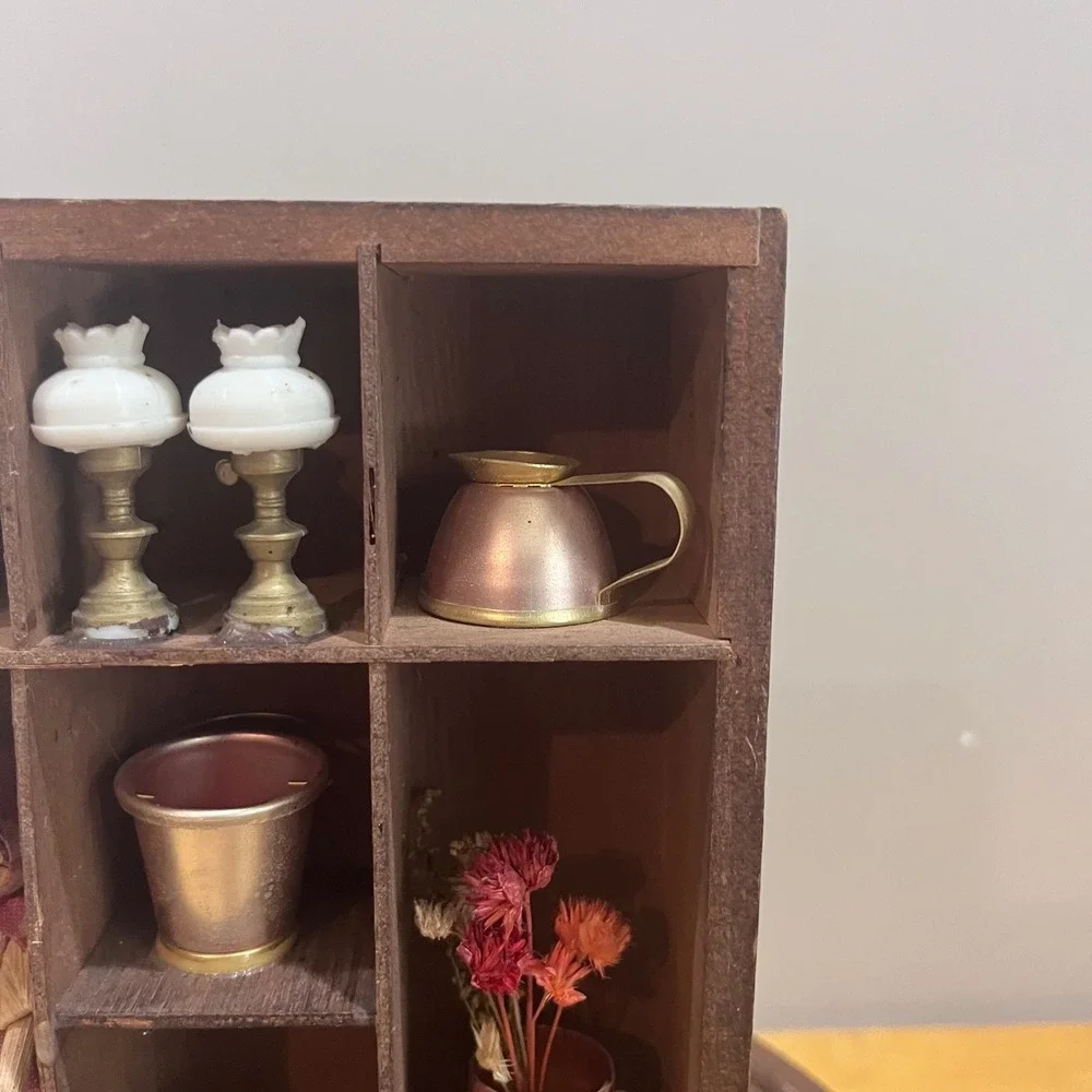 Vtg Country Farmhouse Wooden Shadow Box Curio Case 12 Miniatures Rustic Decor